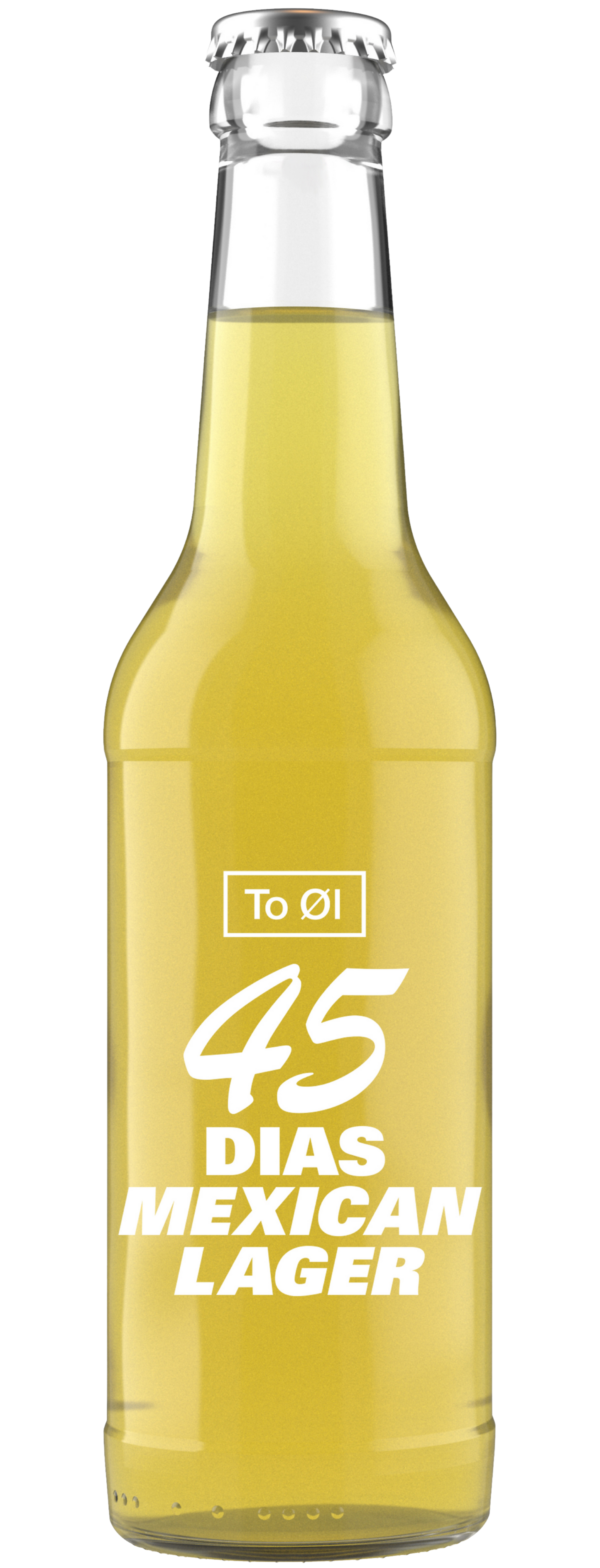 A bottle of 45 Días Mexican Lager by To OI with a yellow label and the text '45 DIAS MEXICAN LAGER' displayed prominently.