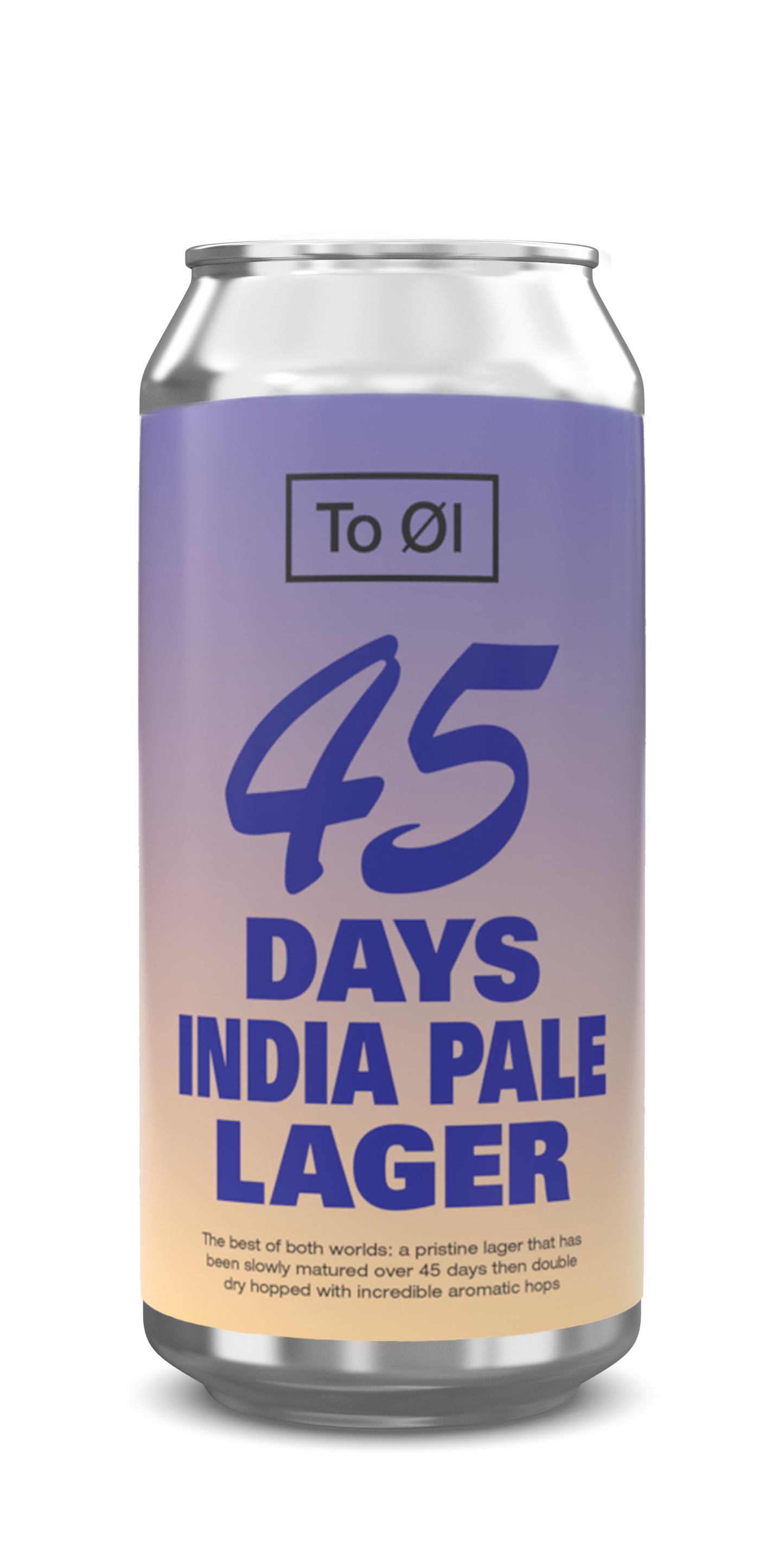 Can of 45 Days India Pale Lager with purple and blue label on a white background