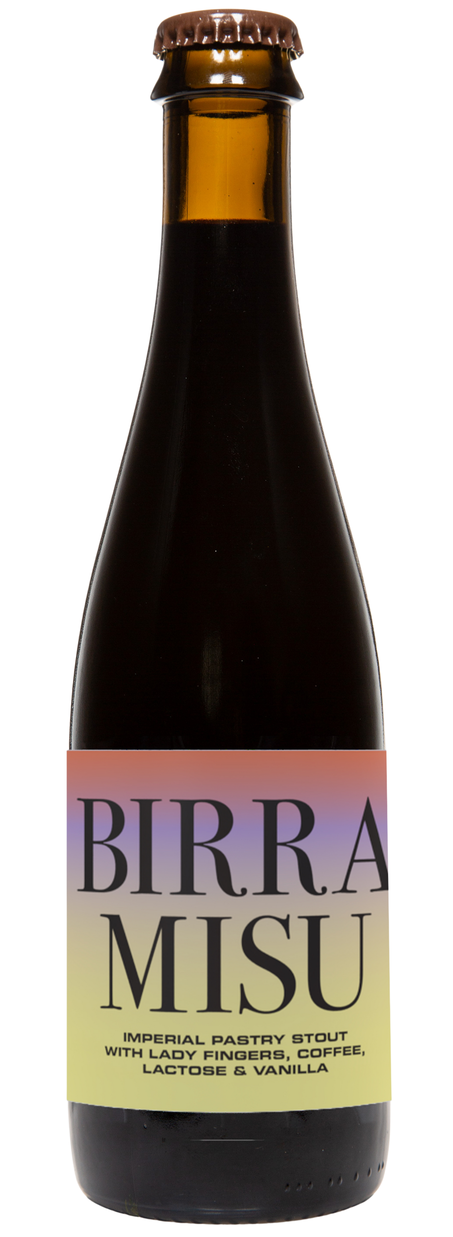 A bottle of Birramisu beer with a dark label, featuring the product name and branding.