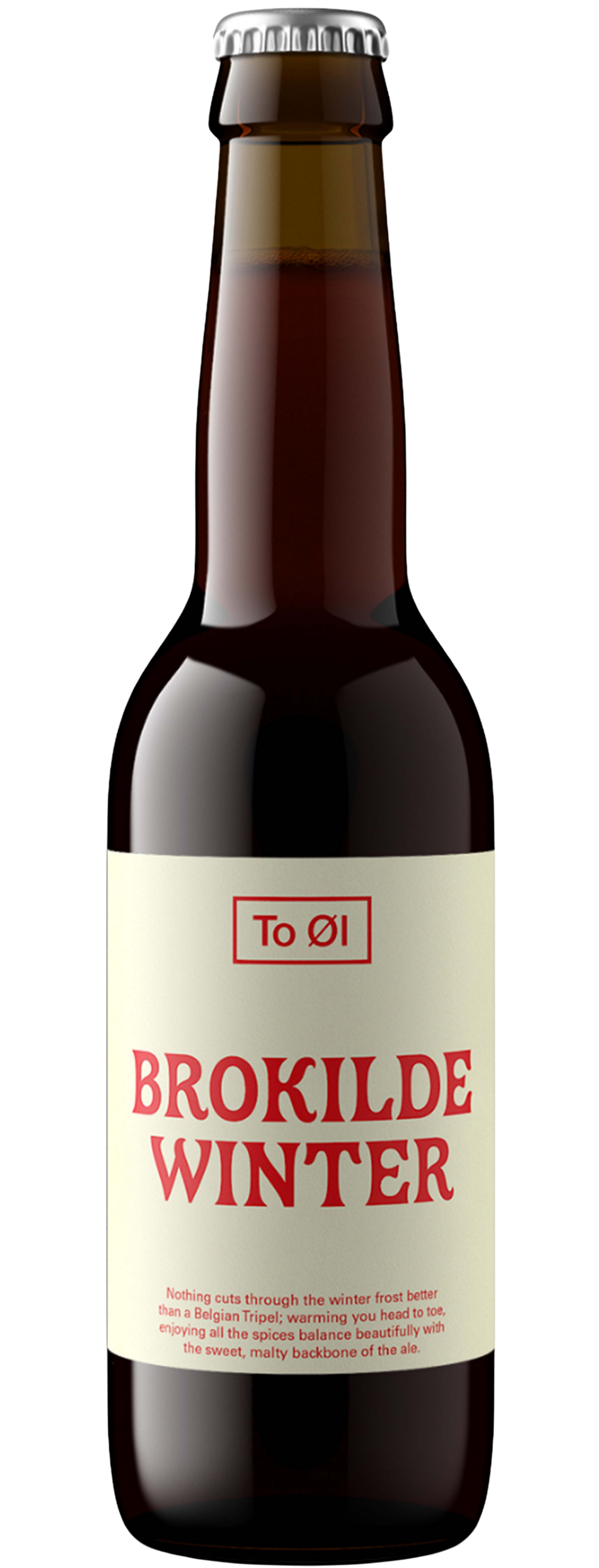 A bottle of Brokilde Winter beer with a dark label, featuring the name 'Brokilde Winter' and the ToØl brand logo.