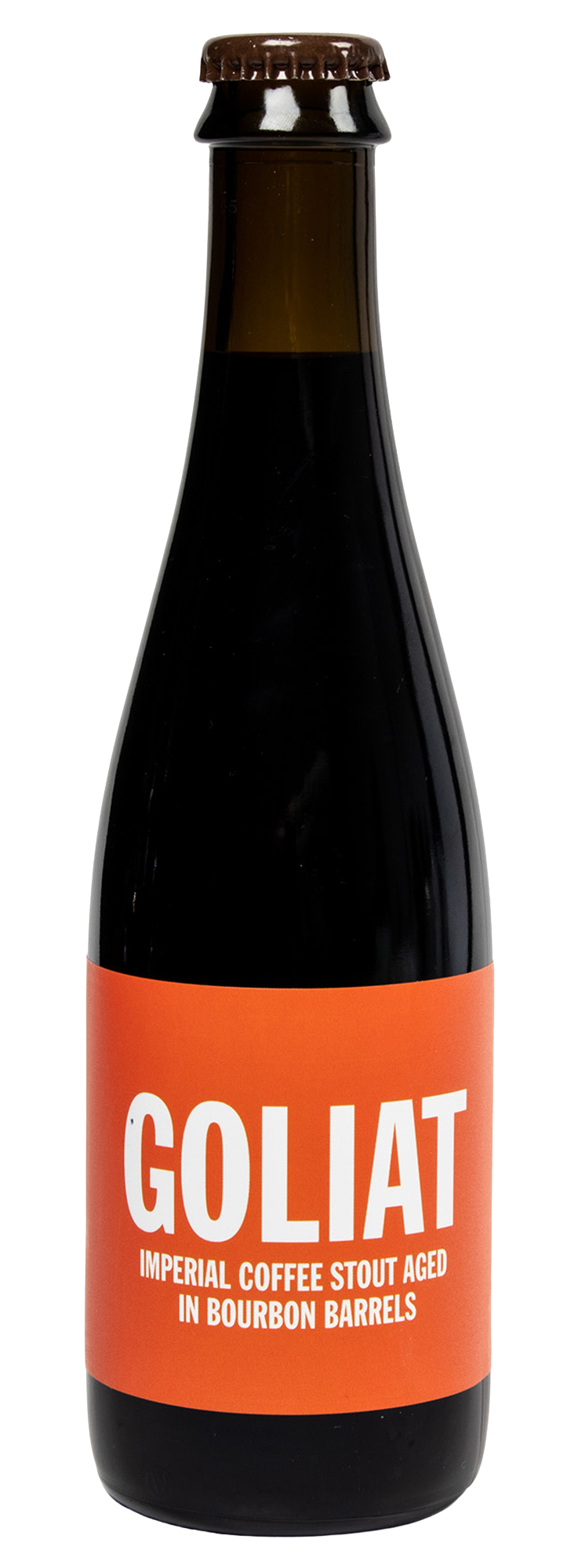 A bottle of Goliat BA beer with a dark label, predominantly orange and black, with white text stating 'GOLIAT IMPERIAL COFFEE STOUT Aged in Bourbon Barrels.'.