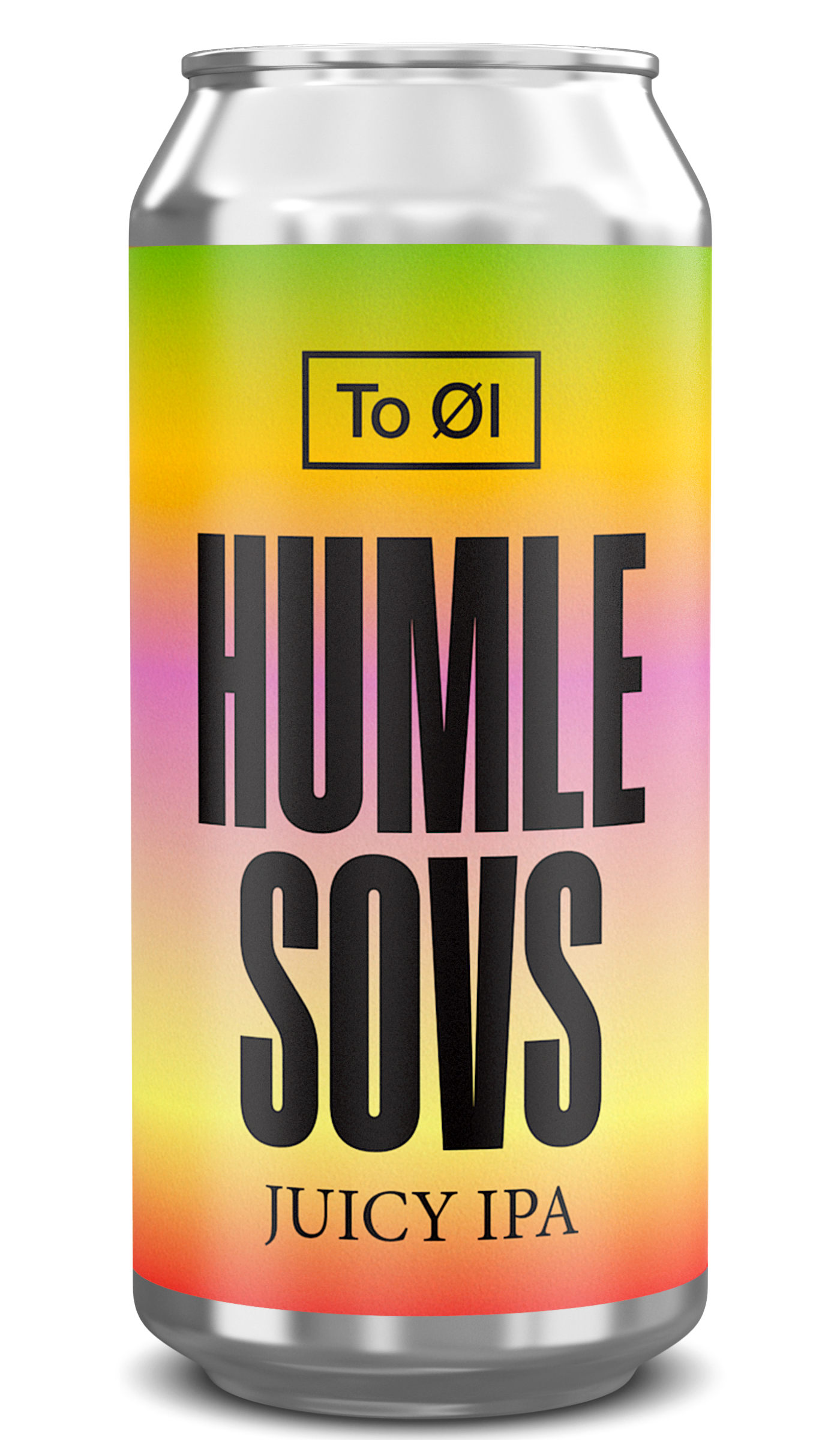 Can of Humle Søvs Juicy IPA with a colorful label on a white background