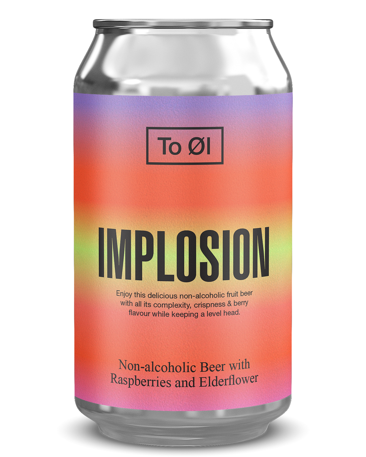 Can of To ØI Implosion non-alcoholic beer with a colorful label on a white background