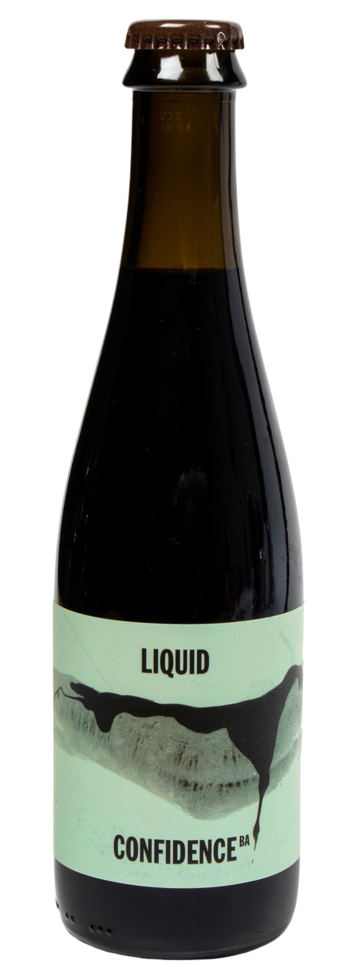 A bottle of beer labeled 'Liquid Confidence BA' with a dark liquid visible and a graphic of a bird on the label.