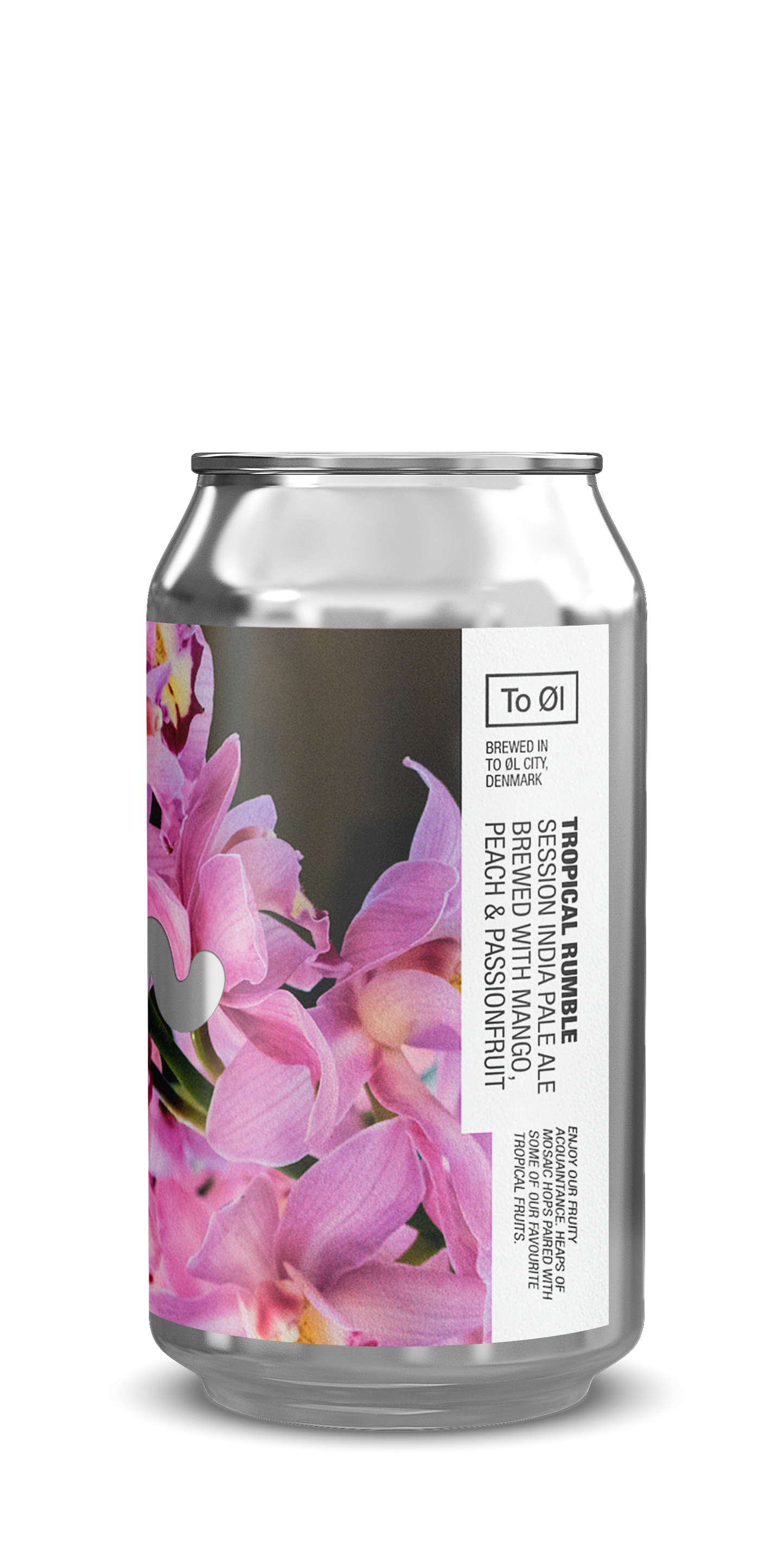 Silver can with pink floral design and text on a white background
