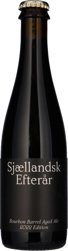 A dark brown glass bottle of Sjèllandsk Efterår Bourbon Barrel Aged Ale 2022 Edition, featuring a black label with white text and a gold crown cap, isolated on a white background.
