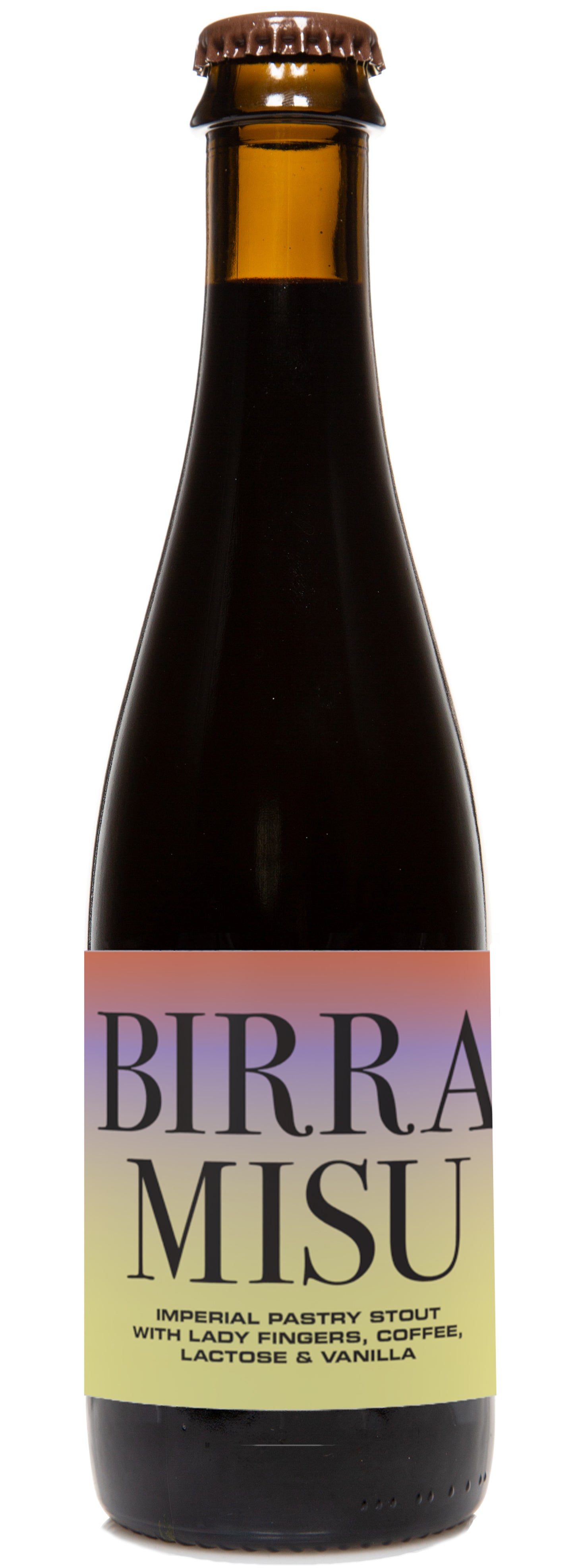 A bottle of Birramisu beer with a dark label, featuring the product name and branding.