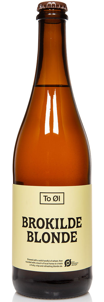 A bottle of Brokilde Blonde Organic beer with a beige label, predominantly showcasing the product name and the brewery's location in Denmark.