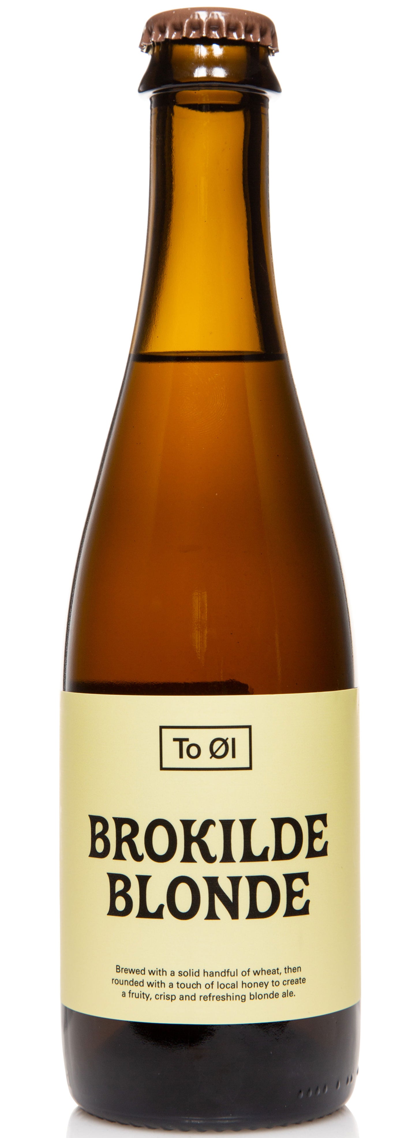 A bottle of To Øl Brokilde Blonde beer with a yellow label, showcasing a clear golden amber colored ale.