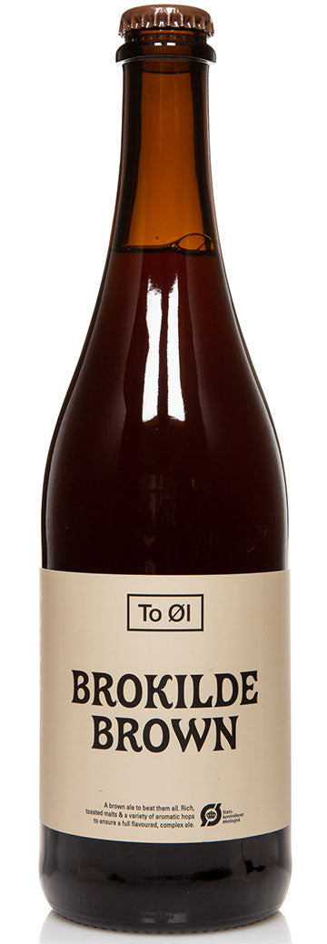 A bottle of Brokilde Brown Organic beer with a brown label and a dark, amber-colored liquid visible.
