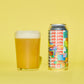 #15 DIPA Beer can with geometrical forms with colorful label and glass of beer on a yellow background.