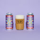 Two To Øl branded cans and a glass of beer arranged on a lavender background. The two cans have colorful geometric labels reading #16 DIPA, and the center glass shows an amber beer with white foam and a black To Øl logo.