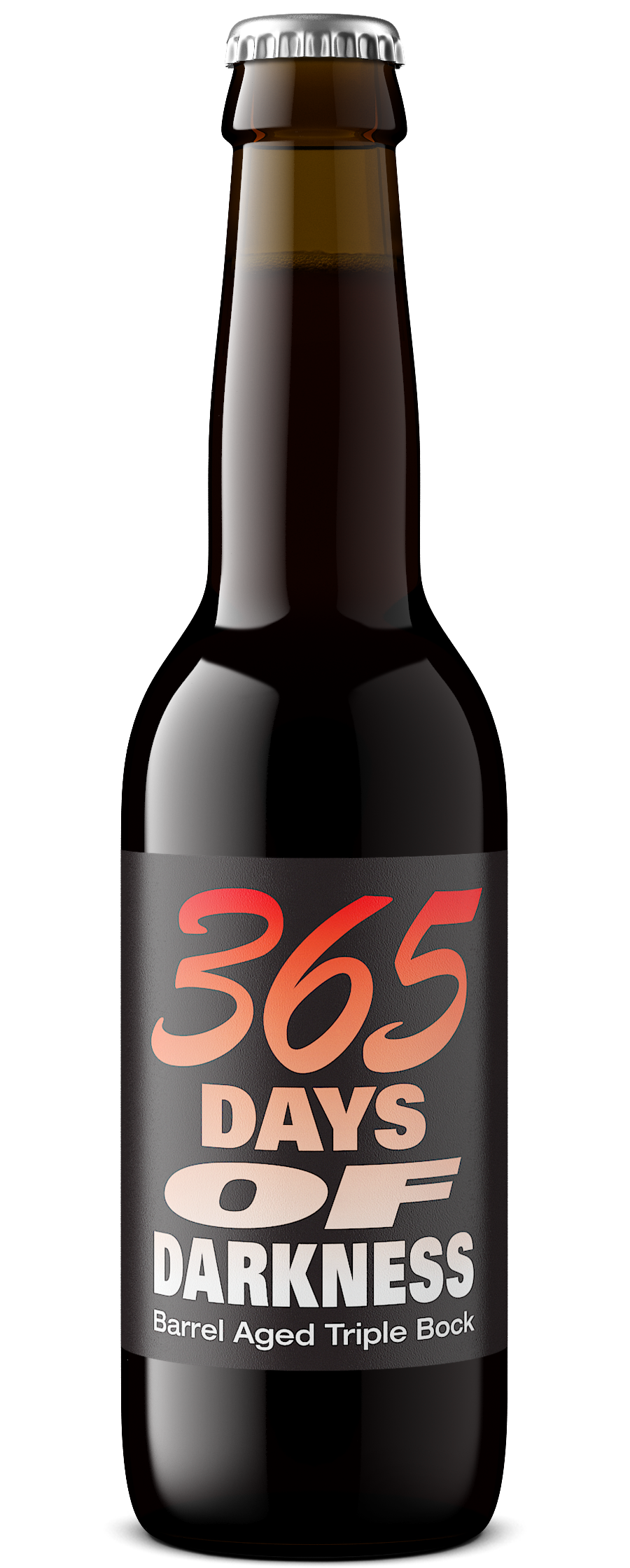 A dark brown glass bottle of beer with a black label featuring the text '365 DAYS OF DARKNESS Barrel Aged Triple Bock' in orange and white lettering, topped with a silver cap, isolated on a white background.
