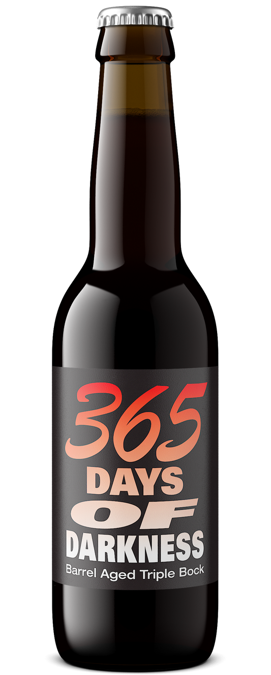 A dark brown glass bottle of beer with a black label featuring the text '365 DAYS OF DARKNESS Barrel Aged Triple Bock' in orange and white lettering, topped with a silver cap, isolated on a white background.