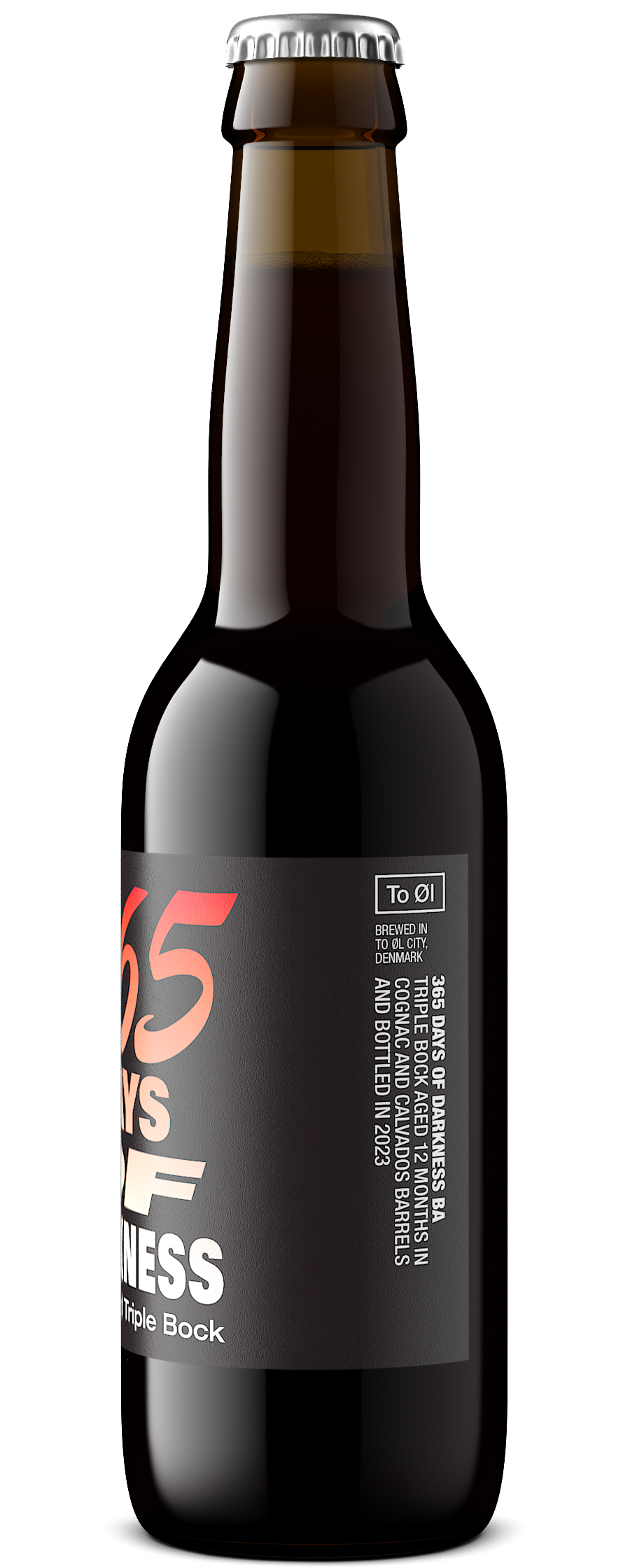A dark brown glass bottle of stout beer with a black label featuring orange and white text, photographed on a clean white background.