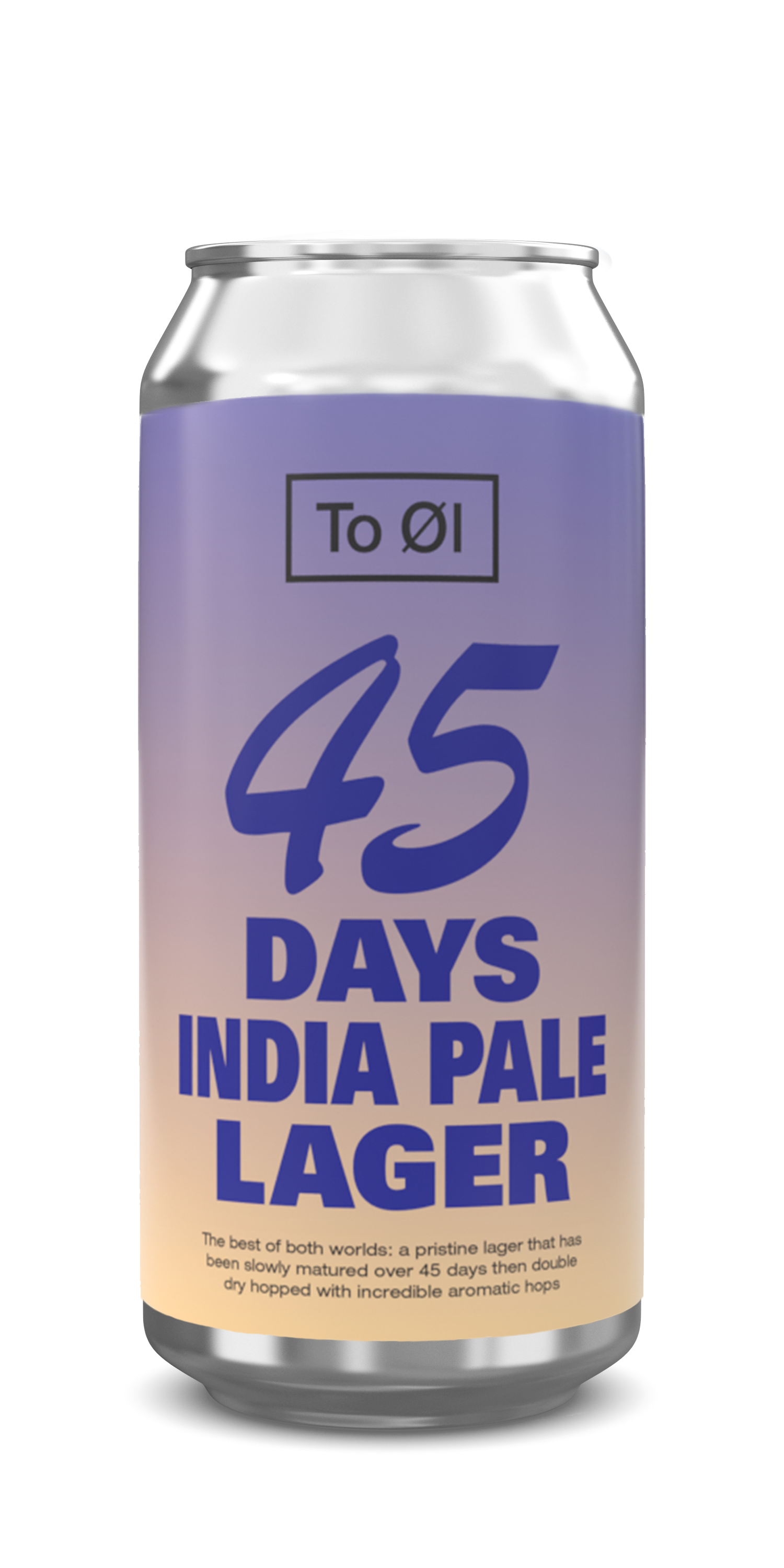 Can of 45 Days India Pale Lager with purple and blue label on a white background