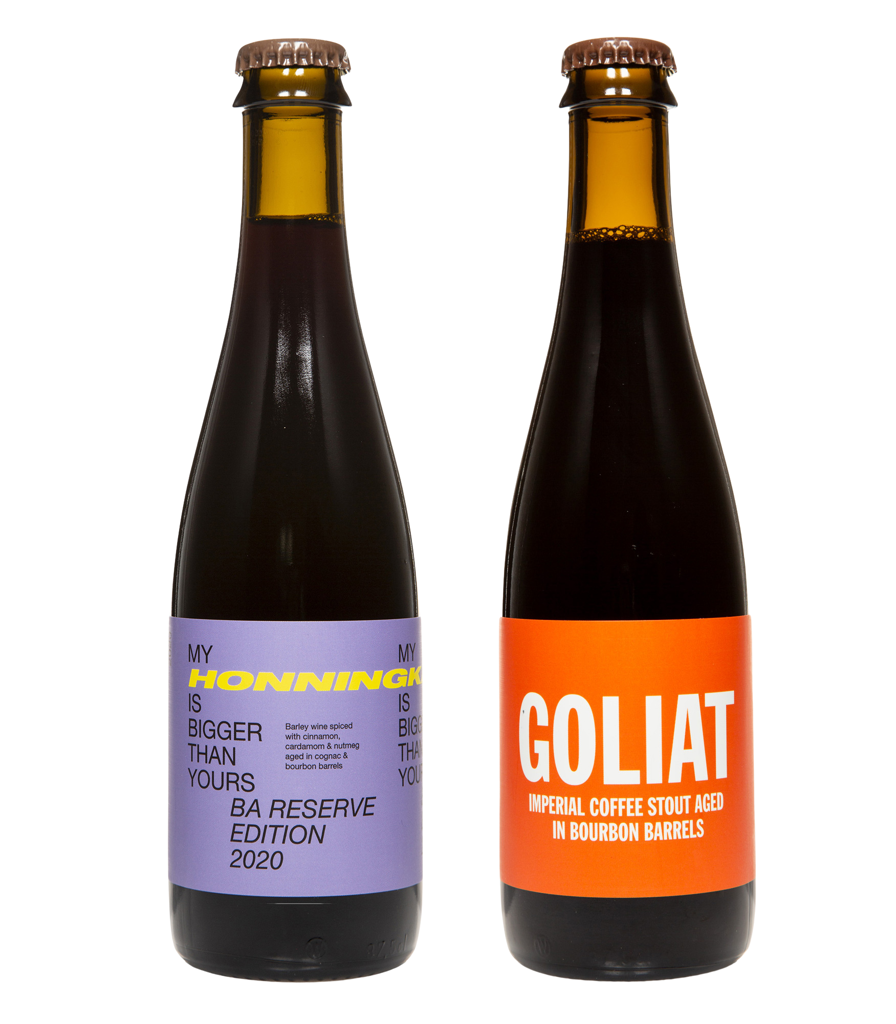 Two bottles of beer, one labeled 'MY HONNINGKAGE BA RESERVE EDITION 2020' and the other 'GOLIAT IMPERIAL COFFEE STOUT IN BOUROY BARRILES,' indicating different varieties within the same product range.