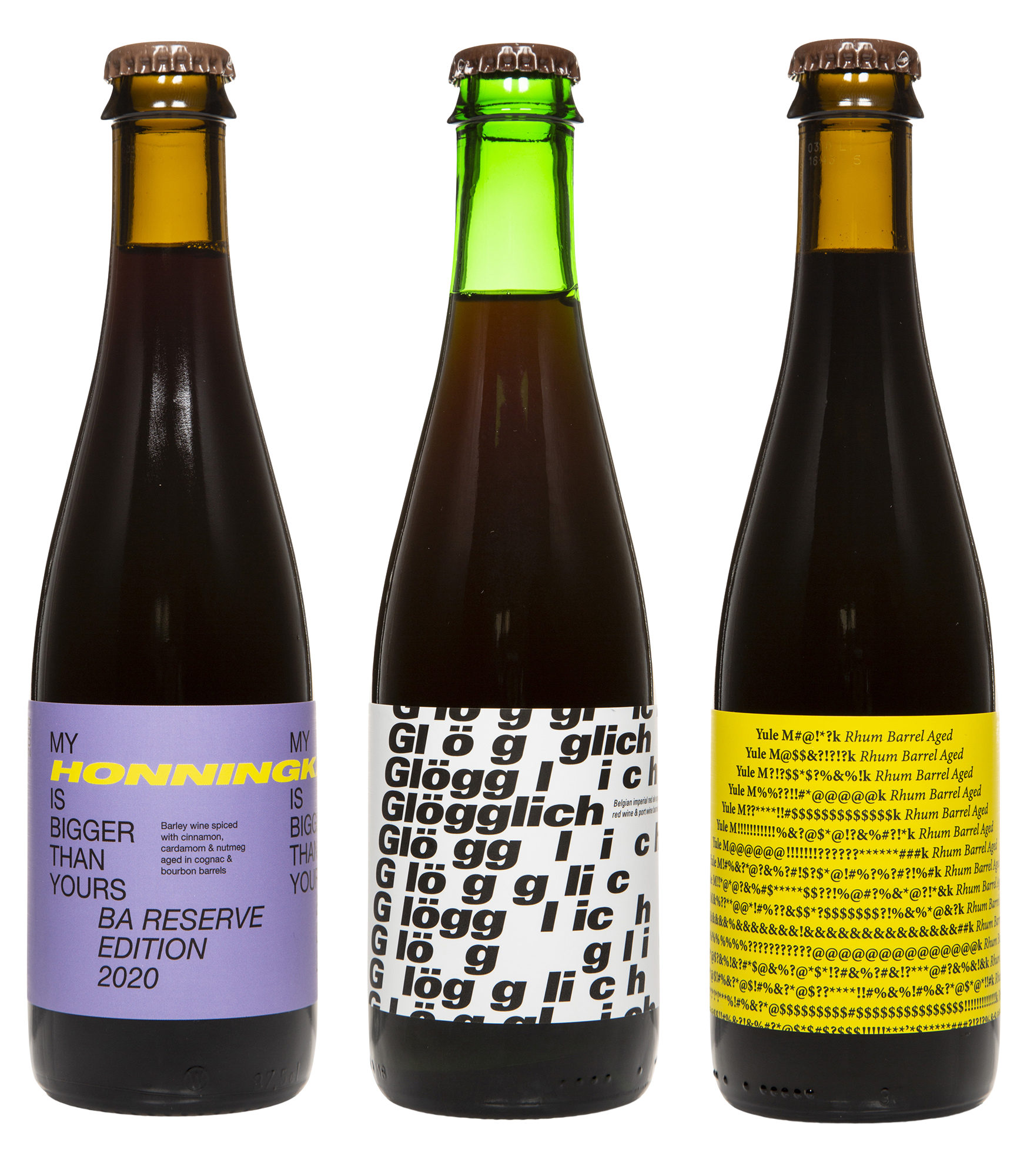 Three bottles of aged beer, with labels indicating they are part of a barrel aged bundle, showcasing different beer types with varying flavors.
