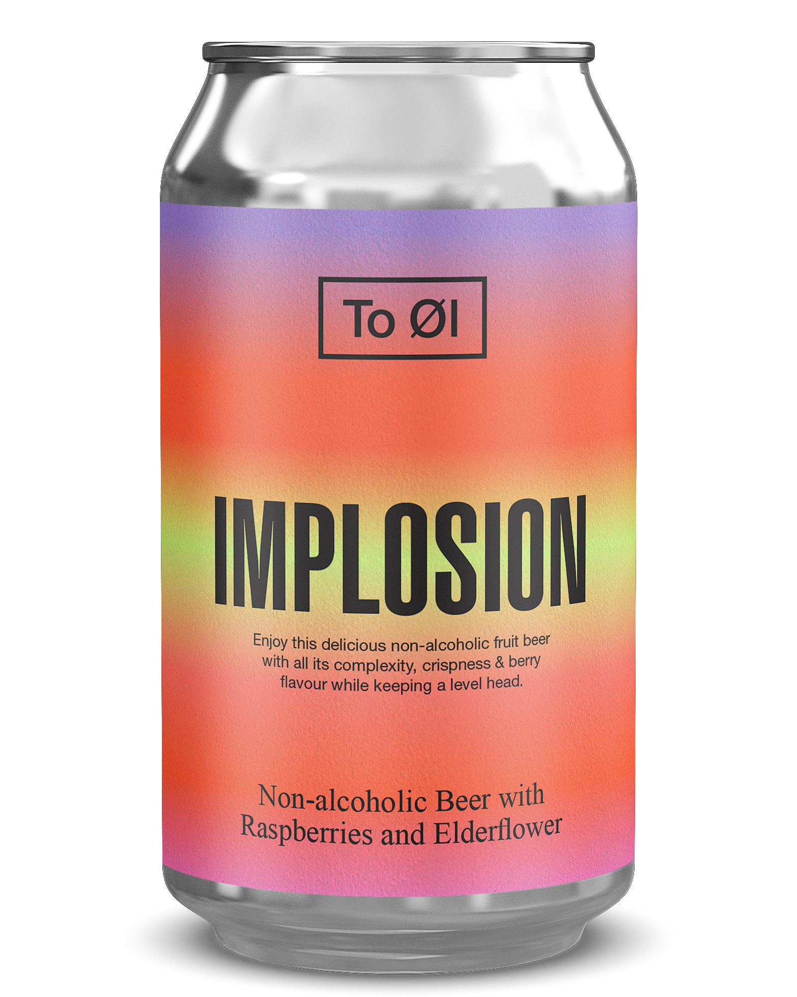 Can of To ØI Implosion non-alcoholic beer with a colorful label on a white background