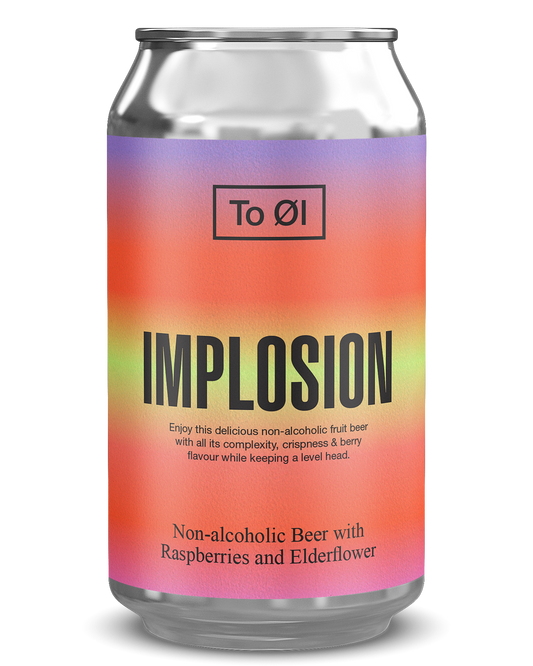 Can of To ØI Implosion non-alcoholic beer with a colorful label on a white background