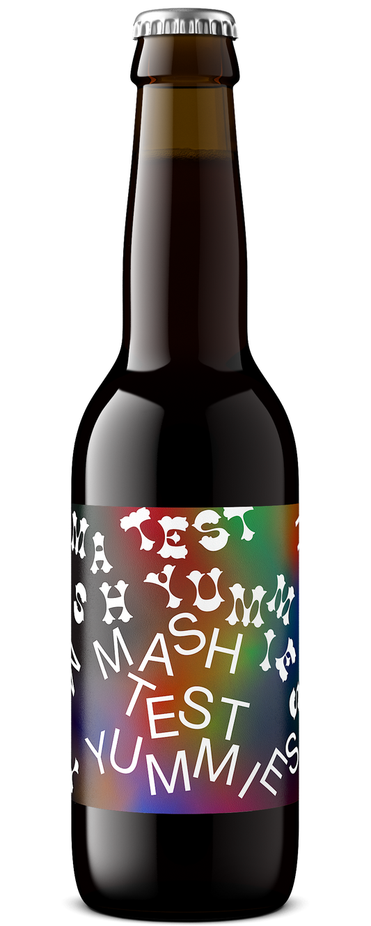 Bottle with a colorful label featuring the text 'Mash Yummiest' on a white background
