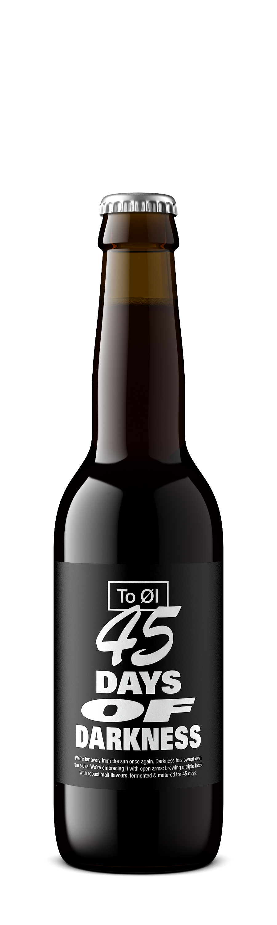 Bottle of '45 Days of Darkness' beer with a black label on a white background