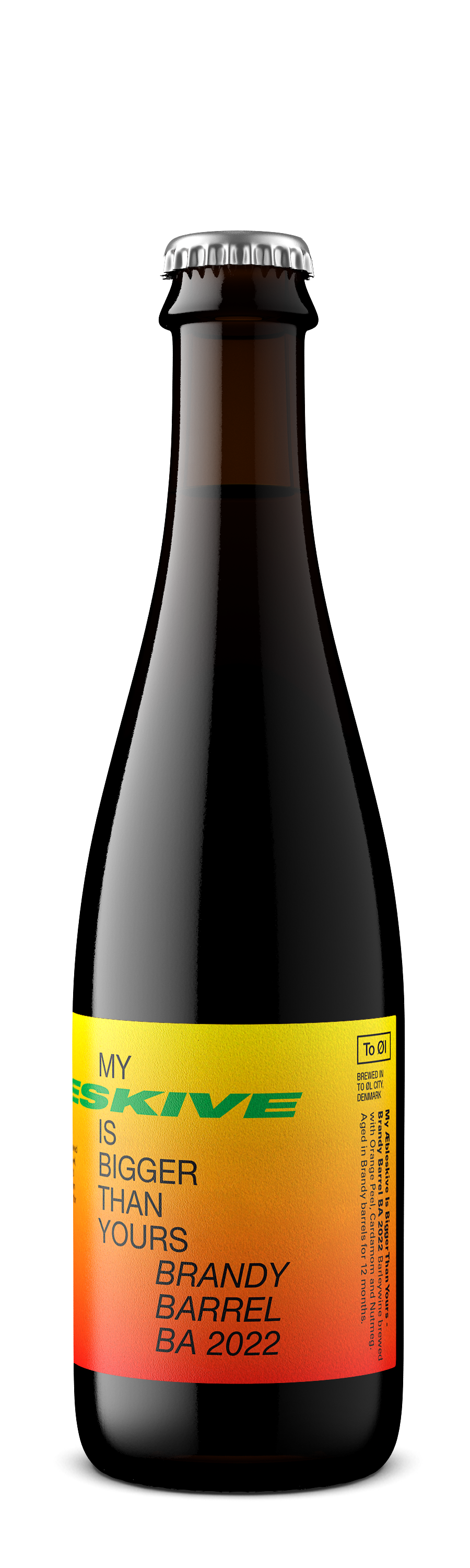 Bottle of My Skive brandy with a colorful label on a white background