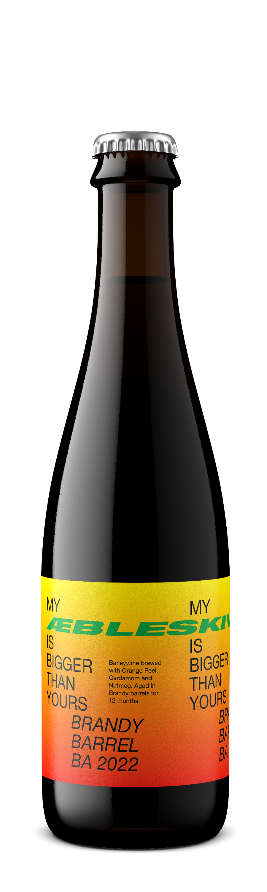 Bottle of My Flesk Brandy Barrel Aged 2022 with a colorful label on a white background