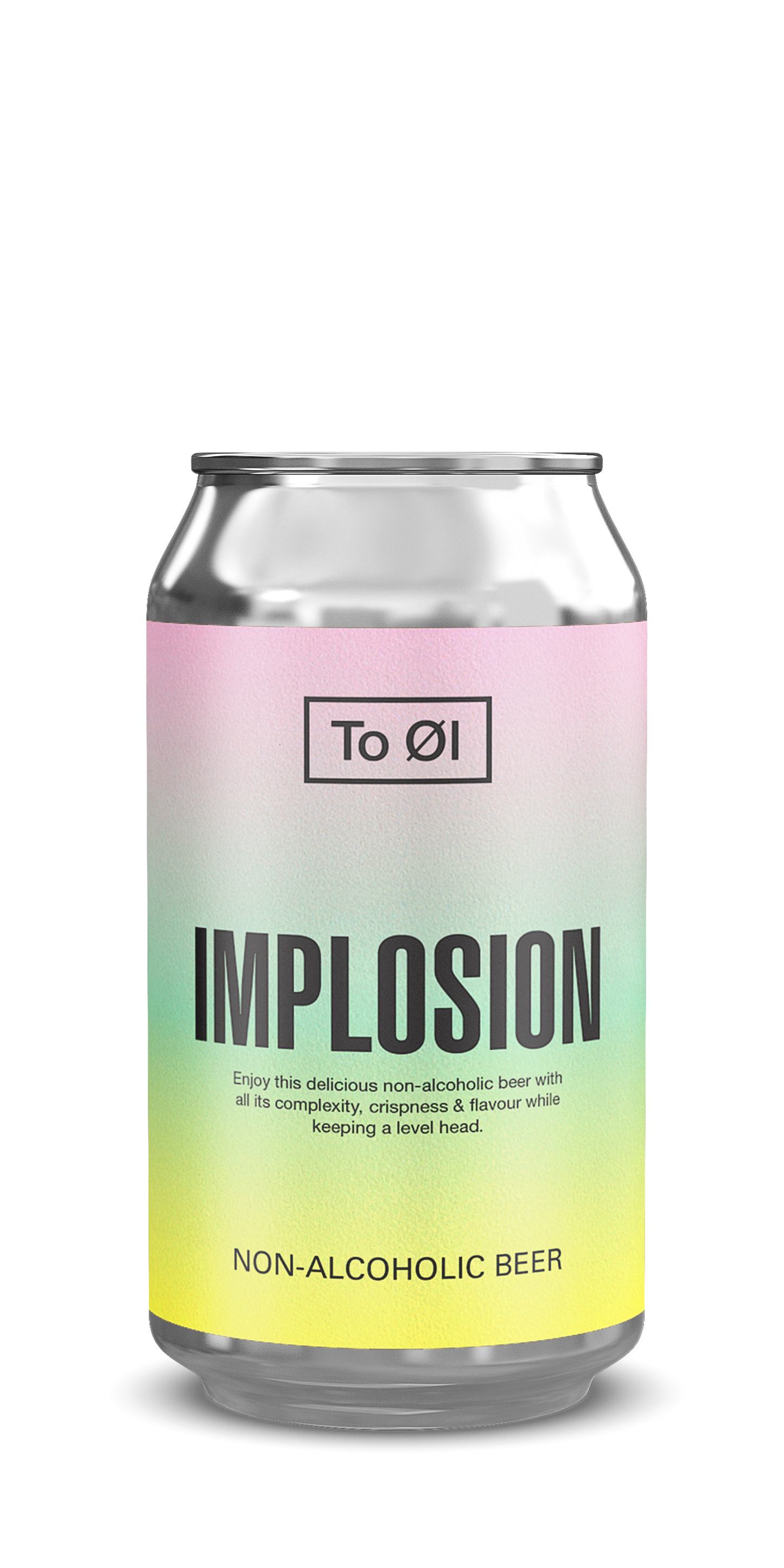 Can of To Øl Implosion non-alcoholic beer with a gradient label on a white background