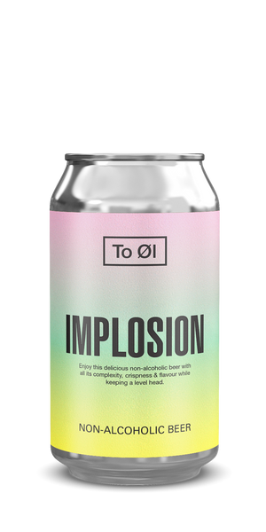 Can of To Øl Implosion non-alcoholic beer with a gradient label on a white background