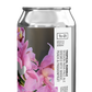 Silver can with pink floral design and text on a white background