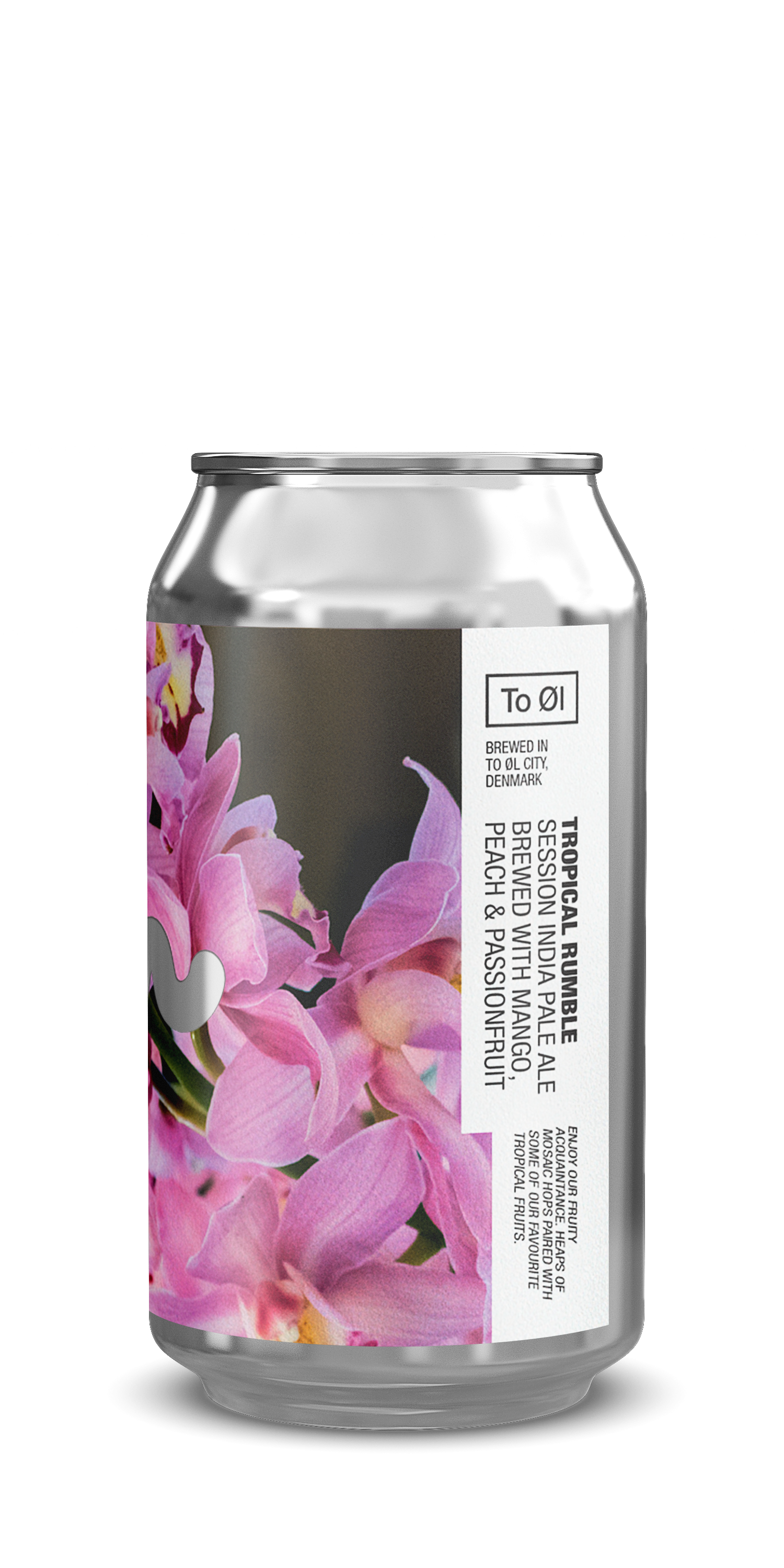 Silver can with pink floral design and text on a white background
