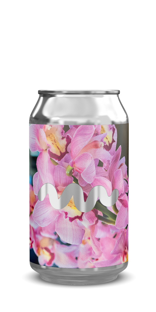Can with floral design and brand name on a white background