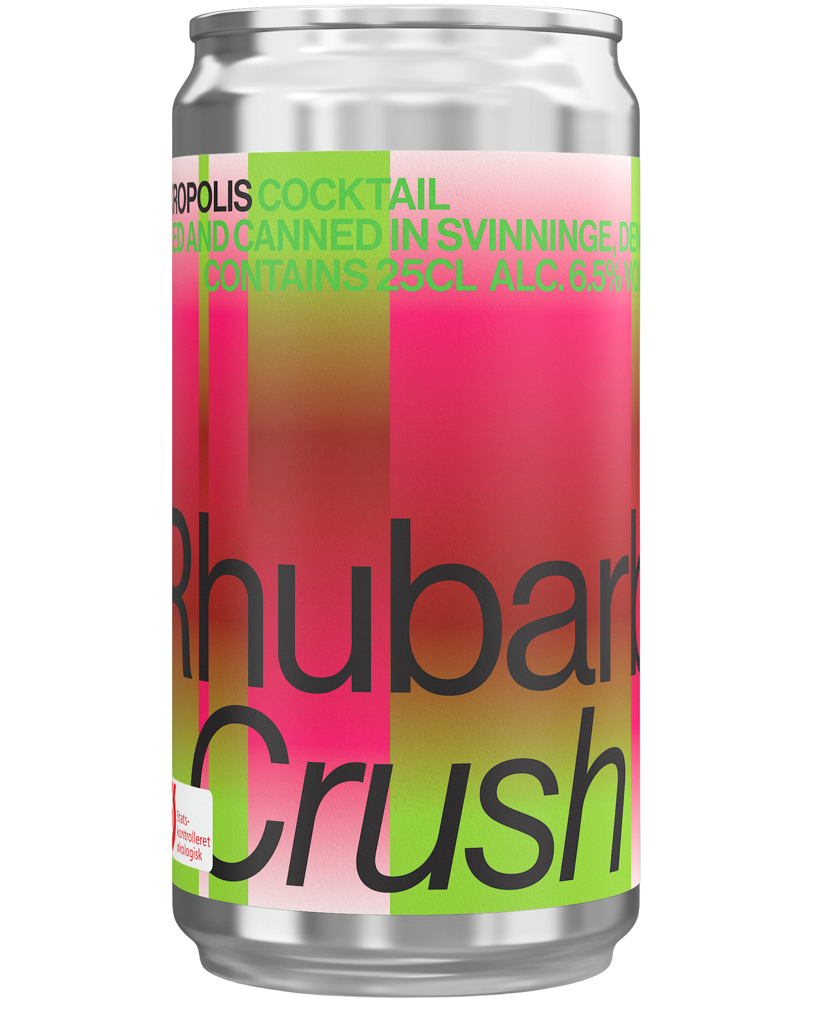 Canned cocktail labeled 'Rhubarb Crush' with colorful design on a white background