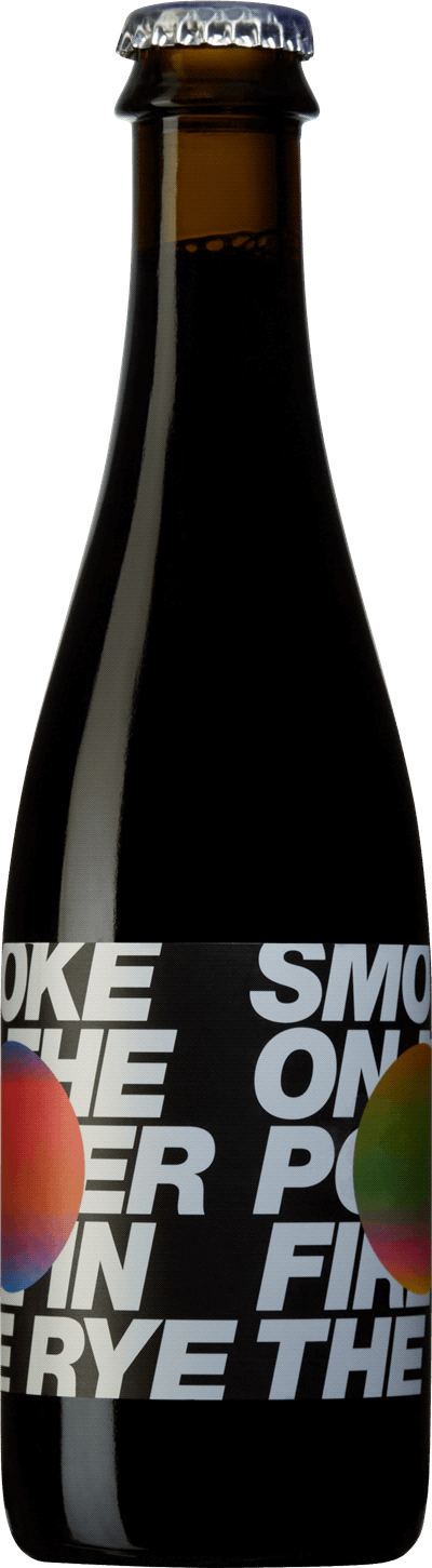 A dark brown glass bottle of Smoker's Power Finest Rye Whiskey with a black label featuring white text and a colorful circular graphic, topped with a silver crown cap.
