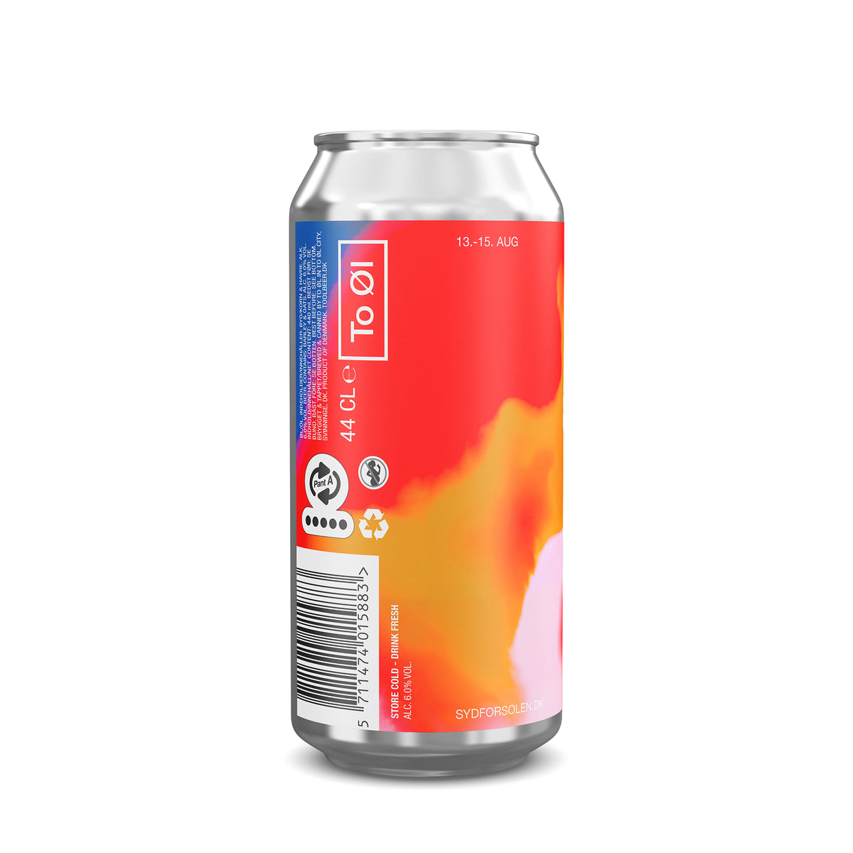 A 44 CL can of To:Ol Sydpowered beverage, featuring a vibrant red, orange, and pink label with a blue side panel, shown on a clean white background.