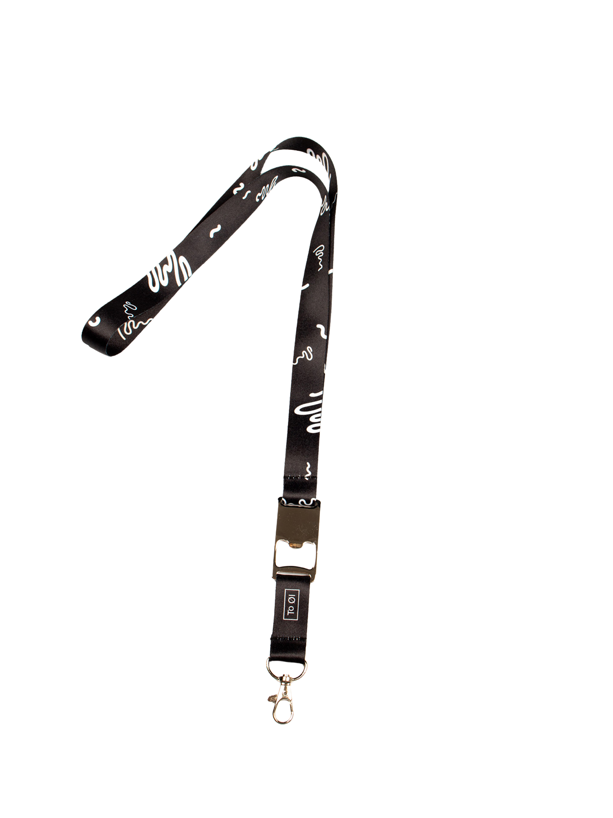 Black lanyard with white text and To Øl Swoosh logo