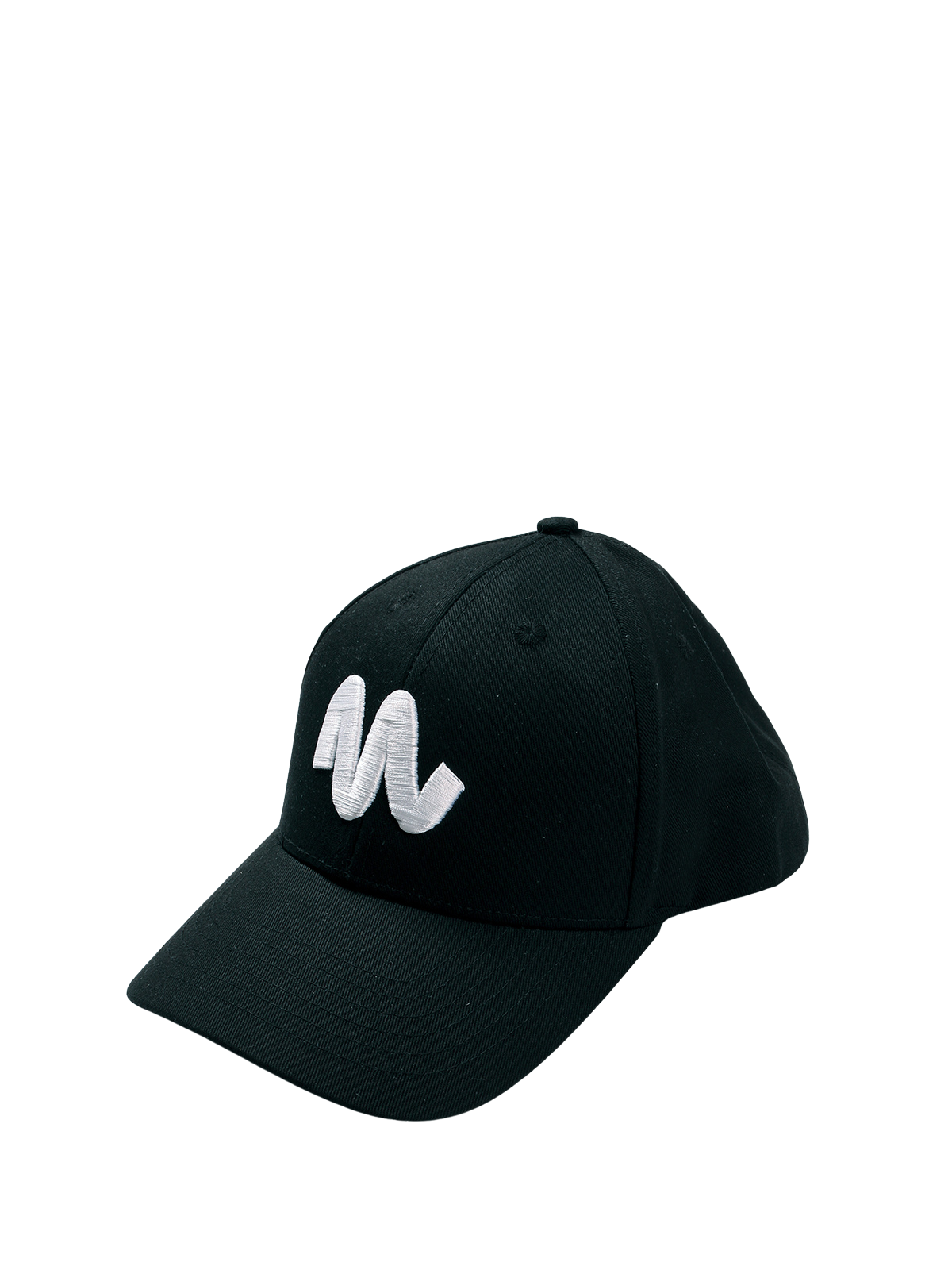 A black embroidery swoosh cap with a white logo on the front.