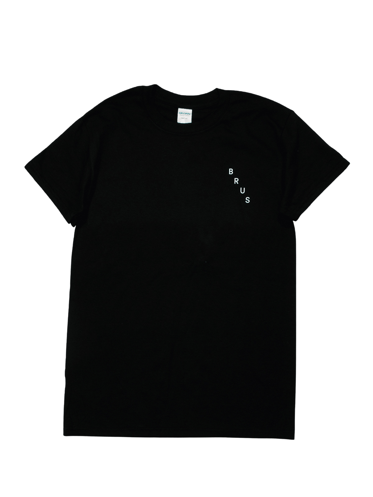 Black t-shirt with white 'BRUS' logo.