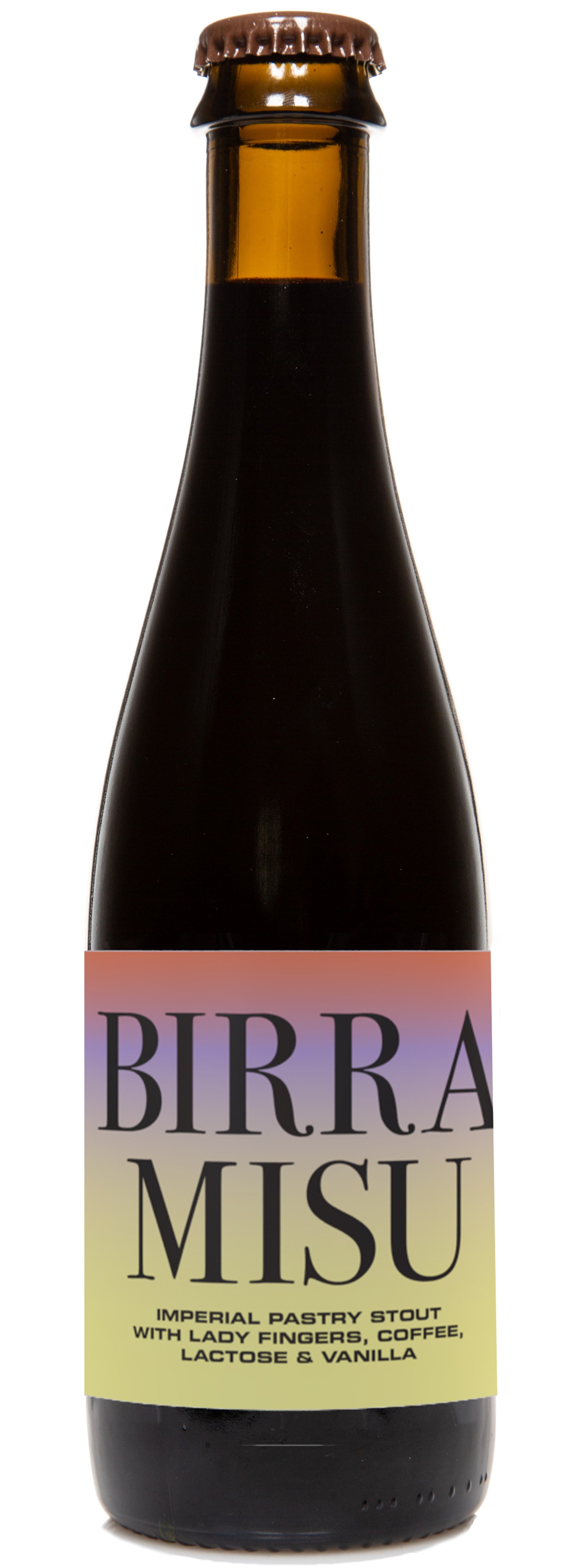 A bottle of Birramisu beer with a dark label, featuring the product name and branding.